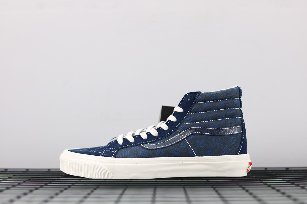 blue checkerboard vans high top