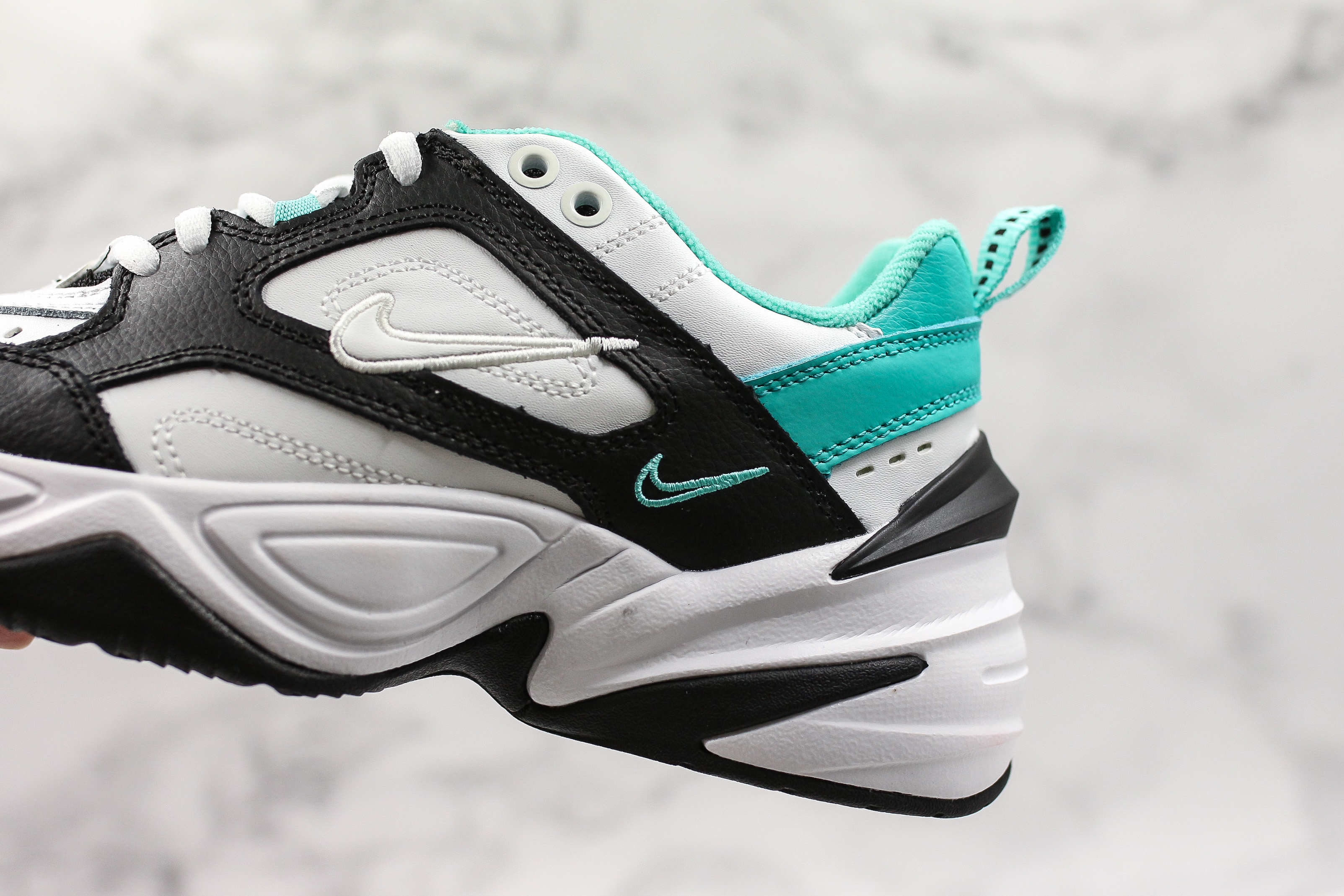 nike m2k tekno trainers in black white and green