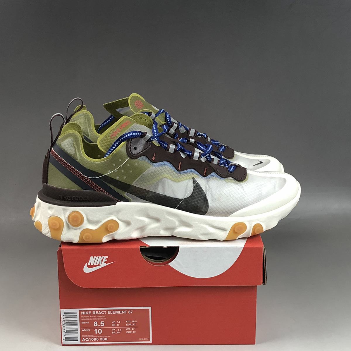 nike react element 87 moss black blue  and  orange