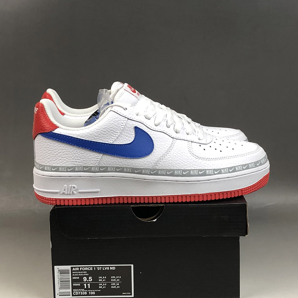 red and blue and white air force 1