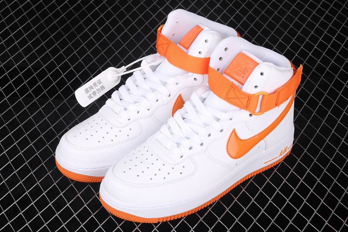 orange and white high top air force ones