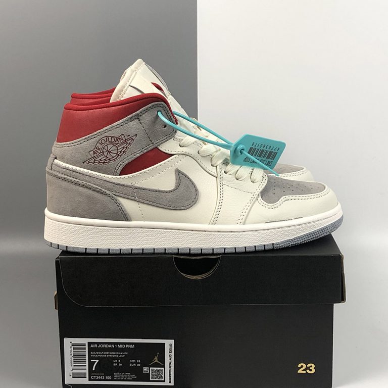SNS x Air Jordan 1 Mid Sail/Wolf Grey-Gym Red-White For Sale â The Sole Line