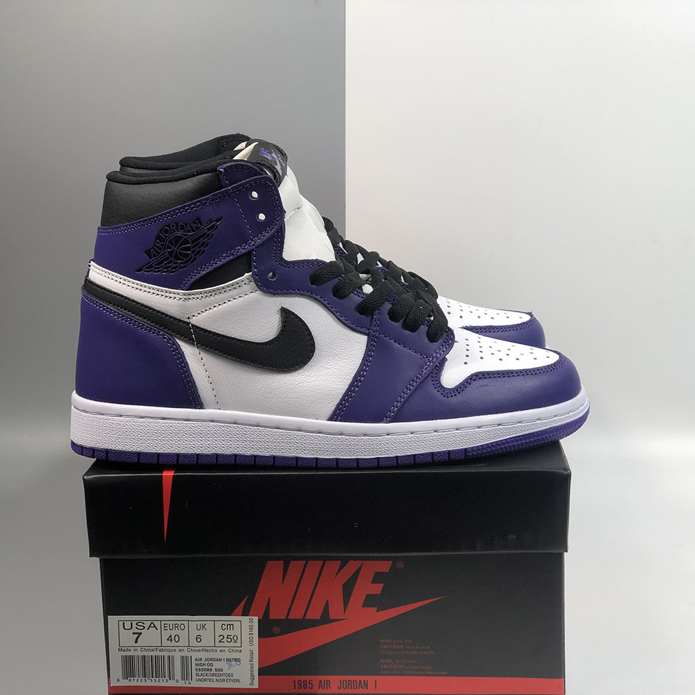 purple white and black jordans 1