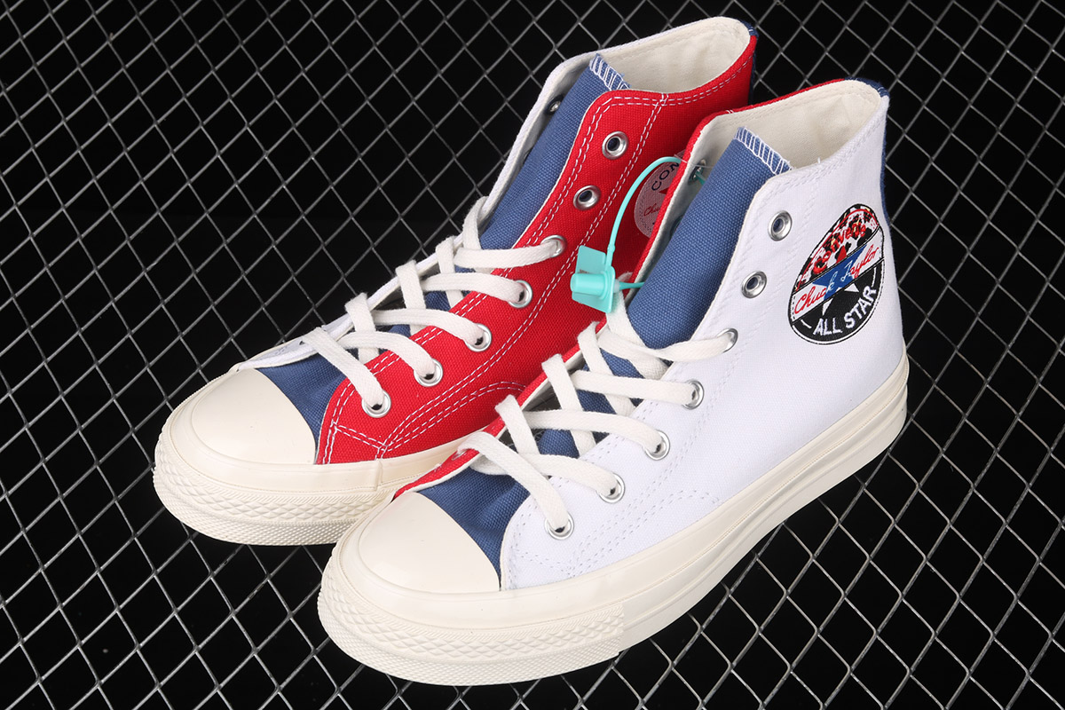 red white and blue high top converse