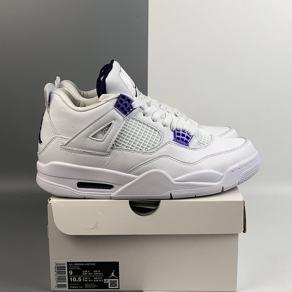 white and metallic purple jordan 4