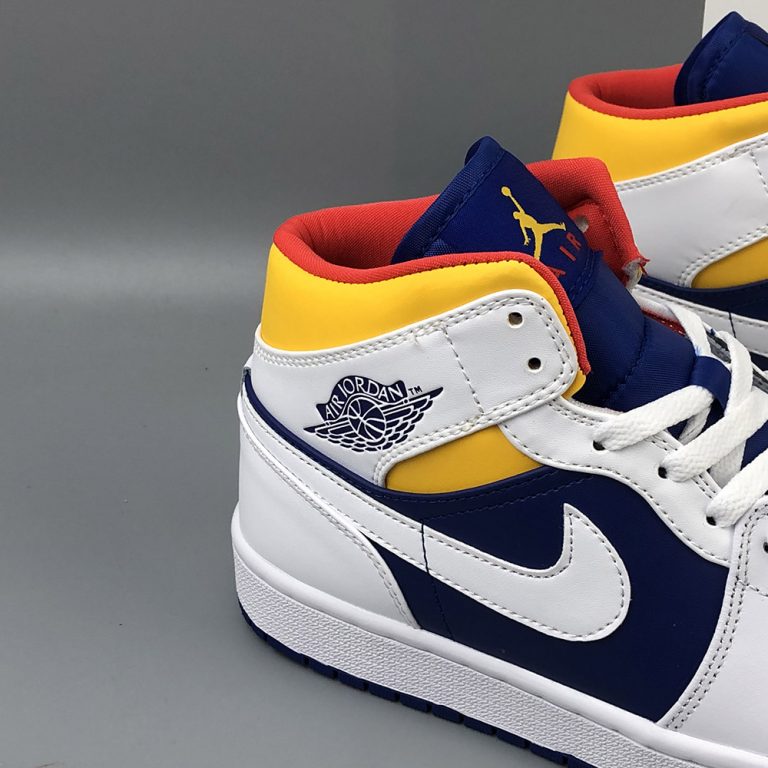 Air Jordan 1 Mid White/Deep Royal BlueTrack RedLaser Orange For Sale