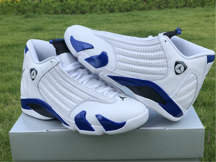 white and blue jordans 14