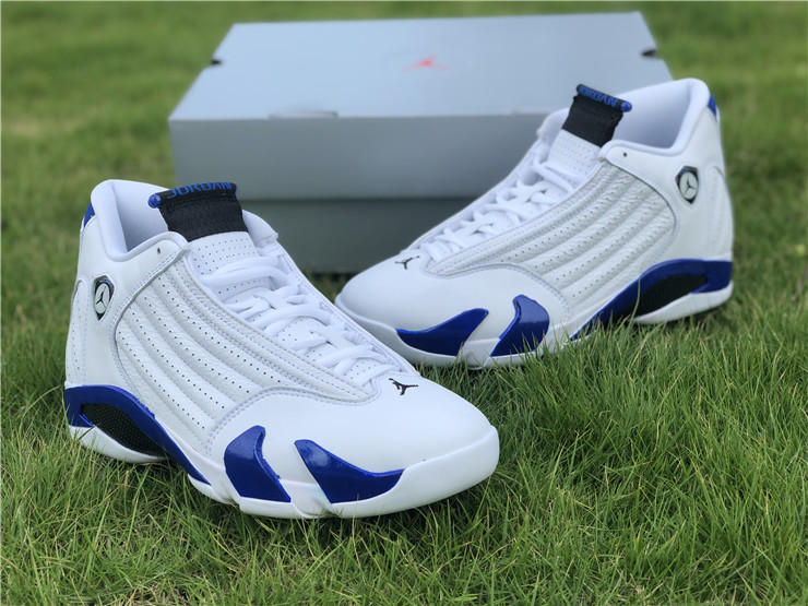 white and royal blue jordan 14